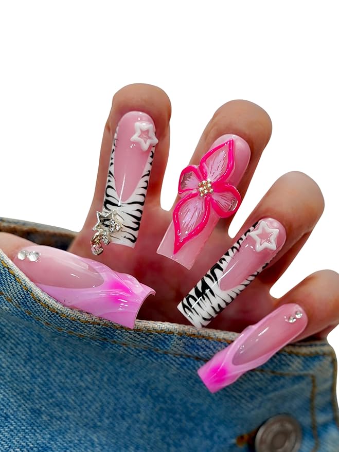 10PCS Pink Zebra Print Press On Nails – Long Coffin Fake Nails with Rhinestones, 3D Bows & Star Charms, Glossy Reusable Y2K Nails for Women and Girls – Euphrosyne