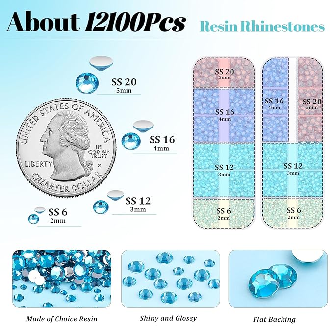 12100Pcs Resin Rhinestones for Crafting with 3Pcs 10ml B7000 Jewelry Glue, 2 Boxes Flatback Crystals Diomand (Indicolite) for Bedazzling Crafts DIY Nail Art Makeup，Non Hotfix Gems for Clothing Shoes