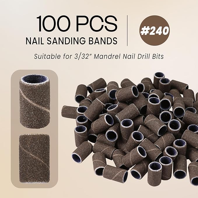 100 Pcs Large Nail Drill Bits Sanding Bands for Nail Drill – Nail File for Acrylic Nail Gel Manicures Pedicure PANA Nail Drill Bits (Sanding Bands Variation 01) (240 Grit, Large Brown)