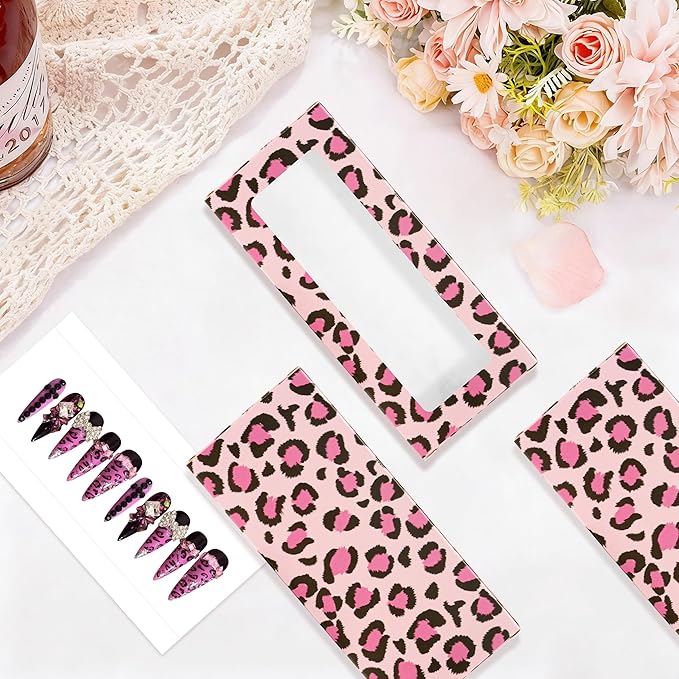 71 Pcs Empty Press on Nails Packaging Box 35 Pcs White Background Papers and 1 Double Sided Tape, Empty Nail Package Box Set for Press on Nail Business (Pink Leopard)
