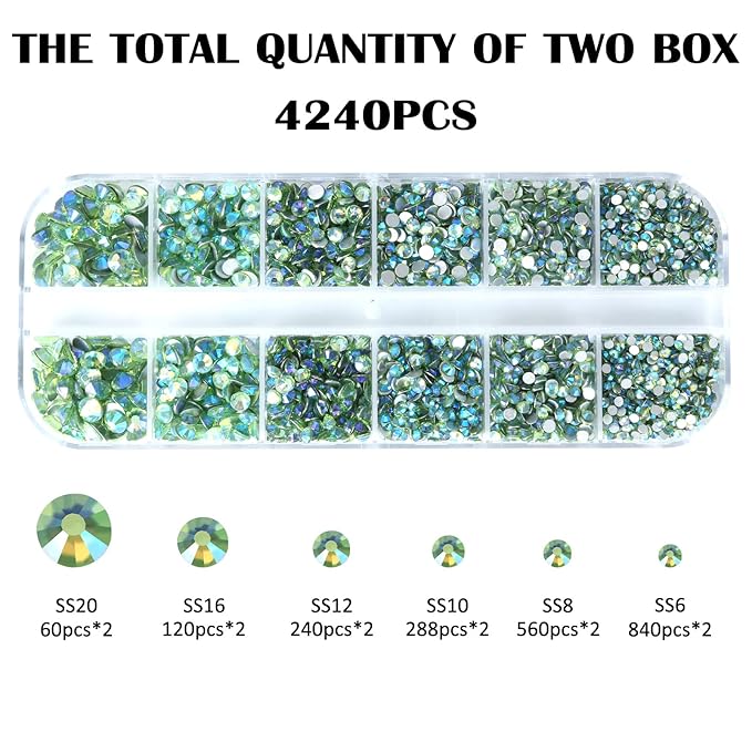 4240Pcs Light Green AB Flatback Rhinestones 6 Sizes Crystal Diamonds for Nail Art Crafts Clothes Shoes with Tweezers and Picking Pen