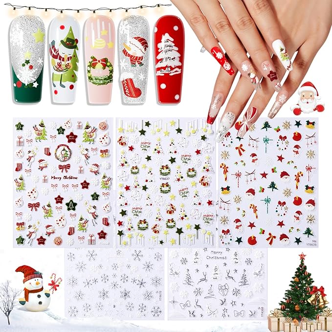 modelones Christmas Nail Stickers 3D Self-Adhesive nail decals Christmas Tree, Snowflakes, Santa Claus, Reindeer & Snowman, Winter Holiday Christmas DIY Nail Stickers for Women & Kids 5Pcs