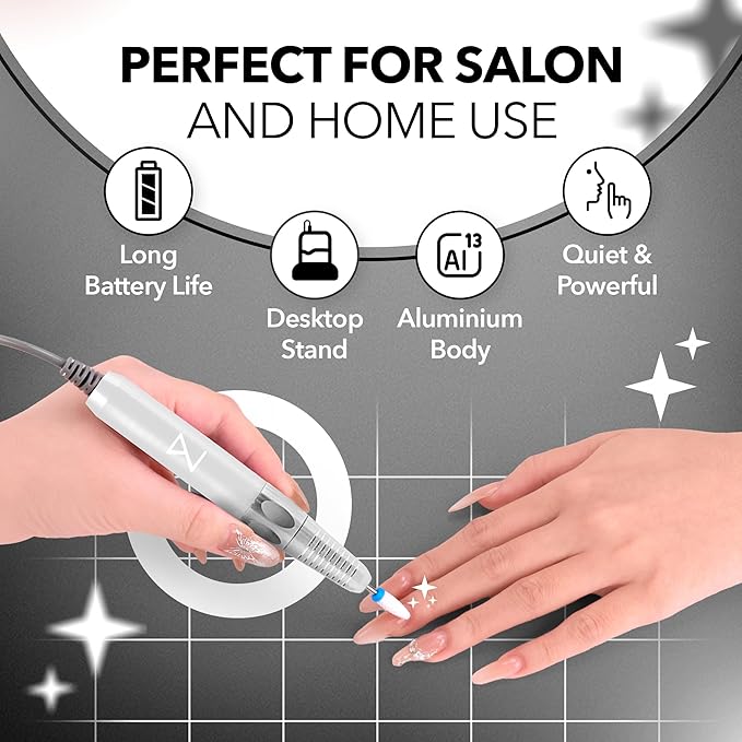 M Max - Nail Drill Professional - 2-in-1 Brushless Motor Nails Drill Machine - Electric, Cordless, Aluminium Alloy Casing, 35000 RPM, HD Display - Perfect for Salon & Home Use (White)