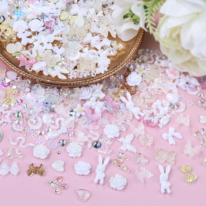 100 Pieces 3D Resin Butterfly Bear Nail Charms Rose Flower Peach Skirt Bow Deer Snake Rabbit Animal Shaped Nail Art Rhinestones Pearls for DIY Nail Art Decoration Making Craft (White)