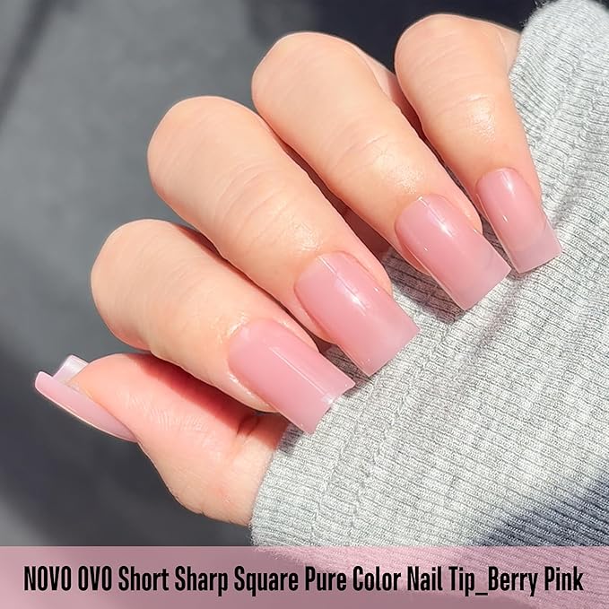 NOVO OVO Short Sharp Square Nail Tips Press on Pure Color BERRY PINK, Need Builder Gel Top Coat Nail Glue, Soft Gel Matte Fake Nail Extension, Full Cover False Nails for Salon DIY x 15 Sizes 240 pcs
