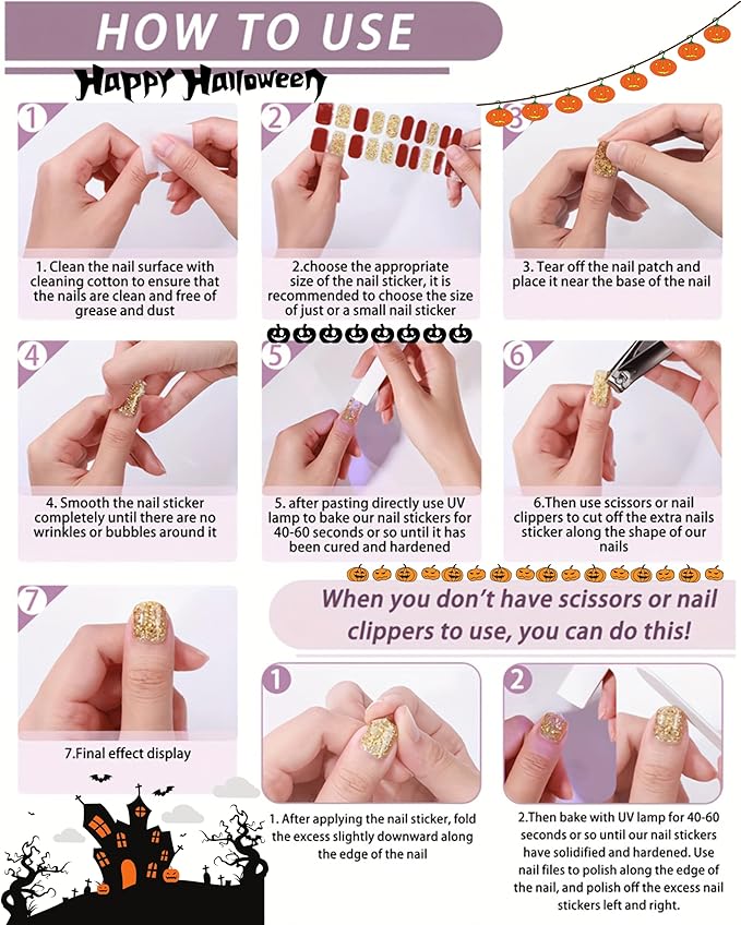 20pcs Halloween Semi Cured Gel Nail Strips - Salon Quality DIY Wraps,UV Needed