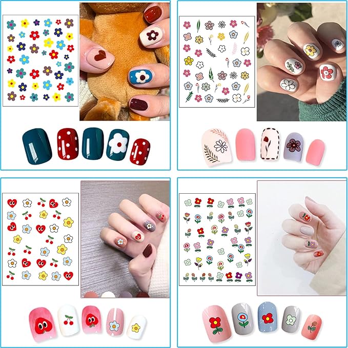 24 Sheets Nail Stickers for Kids, Cute Nail Art Decals for Little Girls, 3D Self-Adhesive Flowers Fruits Leaves Rainbow Hearts Mermaid Snow Nail Decoration for Women, DIY Manicure Supplies Accessories