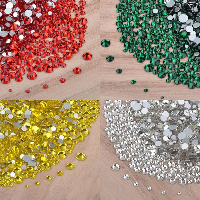 10000 Pieces Rhinestones 6 Sizes Round Crystal Glass Flat Back Rhinestones with 1Tweezers and 1Picking Pen for Nail Art Crafts Clothes Bags DIY (Xmas 4 Colors)