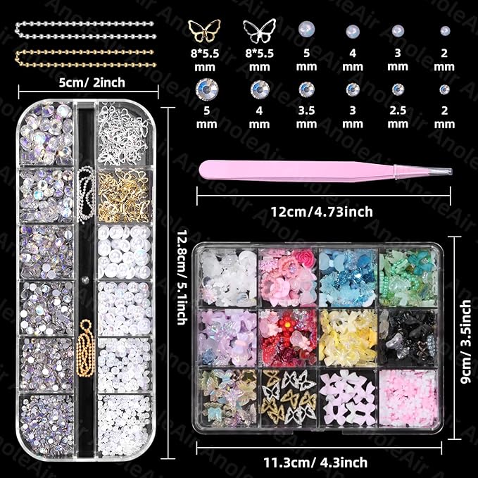 Assorted Junk Case Charms Kit, 3D Nail Charms and Flatback Pearls Gems Set, Gold Silver Nail Butterfly, Flower Bows 3D Nail Charms and Gems, Charms for Nails Design for Nail Art DIY with Pickup Tools