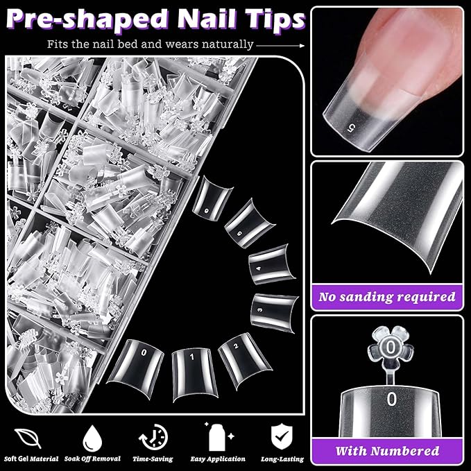 LoveOurHome 750pc French Coffin Nail Tips Clear Fake Nails Medium Coffin Gel Nail Tips Half Cover Acrylic Nails Clear False Nails 15 Sizes Fingernail for Gel Nail Tip Extension Press Nails