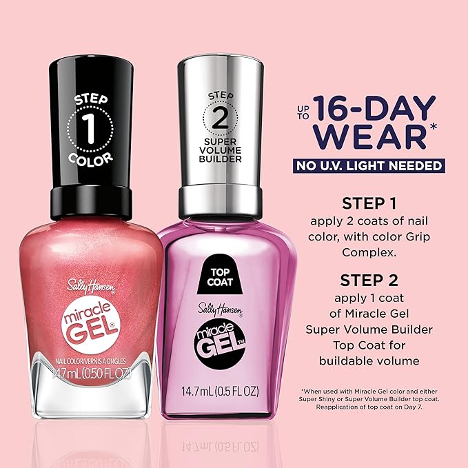 Sally Hansen Miracle Gel Supercharged Pinks Nail Polish | Salon Quality Gel-Like Formula, Two-Step System, No UV Light Needed, Long Lasting | 254 Go Hard or Glow Home | Rosey Pearl Nail Color