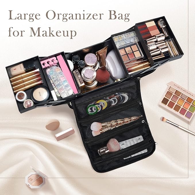 Large Makeup Case,Nail Bag with 4 Tier, Travel Makeup Box Organizer,Nail Kit Storage Tattoo Bag Make Up Case for women/Nail Art/Eyelash Extension/Tattoo/MUA, with luggage sleeve, Black