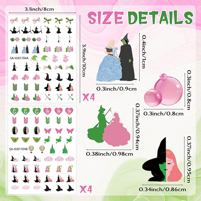 Witch Witchy Nail Stickers - 8 Sheets Pink and Green Witch Hat Crown Bow 3D Nail Art Stickers Musical DIY Finger Decals for Girls Manicure Decoration Halloween Party Favor Manicure Accessory
