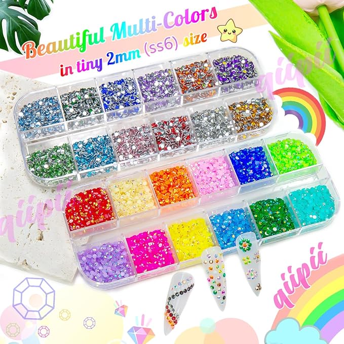 24 Color 2mm SS6 Small Resin Rhinestones for Bedazzling Crafting Tiny Flatback Stones Colorful AB Jelly Craystal Gems Diamonds Charms for Nails Eyes Face Makeup Tumblers Bottles DIY Crafts