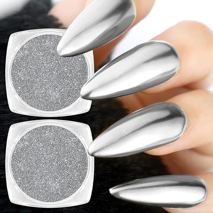 Allstarry Silver Chrome Nail Powder, 2pcs Metallic Mirror Effect Dust Glitter Glazed Manicure Decoration Reflective Pigment for Gel Polish Nail Art Decoration Resin Craft, Festivals - Silver