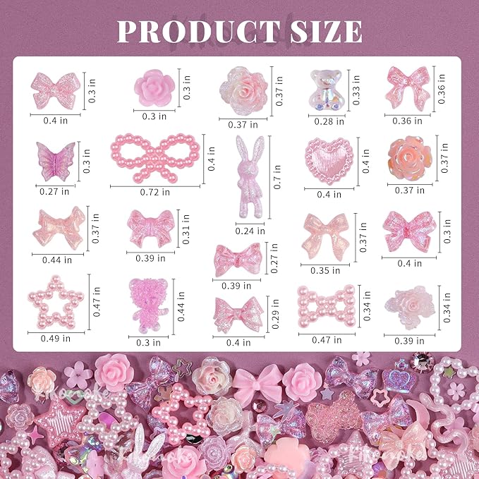 400Pcs Pink Nail Charms Kit, 3D Nail Gems and Rhinestones Flatback Pearls Mixed Shape Set, Heart Rabbit Butterfly Flower Bow Acrylic Resin Nail Art Decorations DIY Craft (Pink)