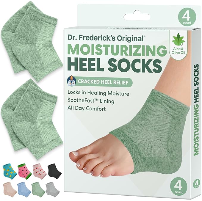 Dr. Frederick's Original Moisturizing Heel Socks for Dry Cracked Heels Treatment - Infused with Olive Oil, Jojoba Oil and Vitamin E - 2 Pairs - Valentines Day Gifts for Her & Him - Green Aloe