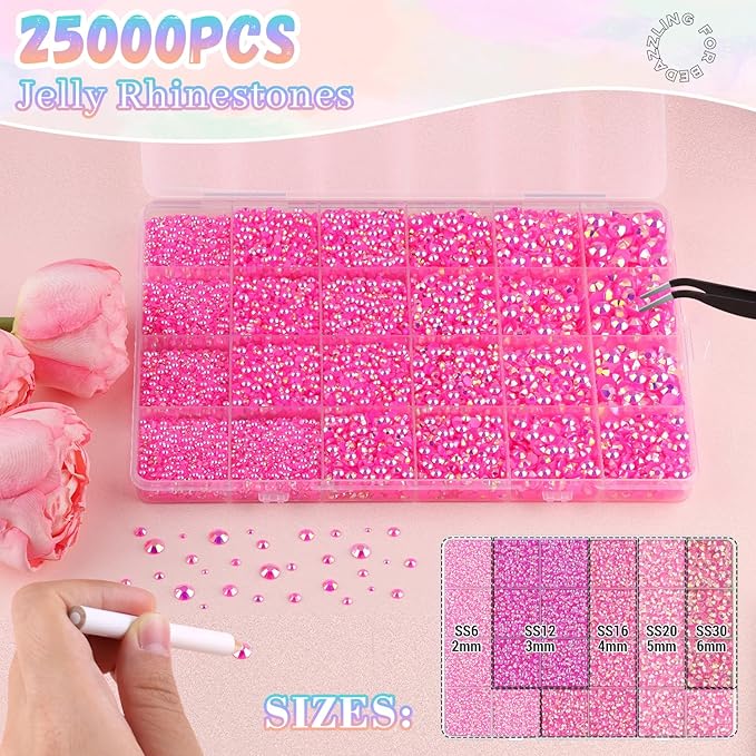 25000Pcs Hot Pink AB Rhinestones for Bedazzling with B7000 Jewelry Glue, Non Hotfix Flatback Gems, Crystal Resin Rhinestones for Crafting Crafts Clothing Tumblers Mugs Shoes Fabric Decor Nail Art