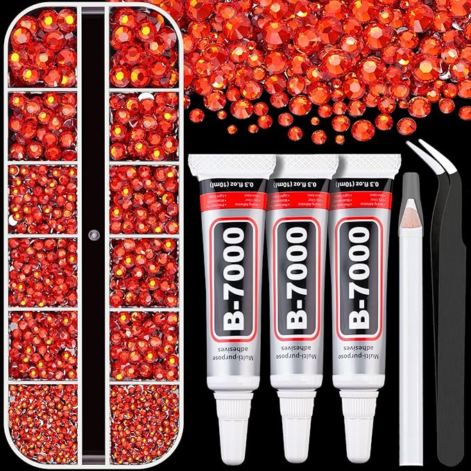 Resin Rhinestones for Crafting with B7000 Jewelry Glue, 1 Box Red Zircon Flatback Crystals with 3Pcs 10ml Glue for Bedazzling Crafts DIY Nail Art Makeup，Non Hotfix Gems for Clothing Shoes