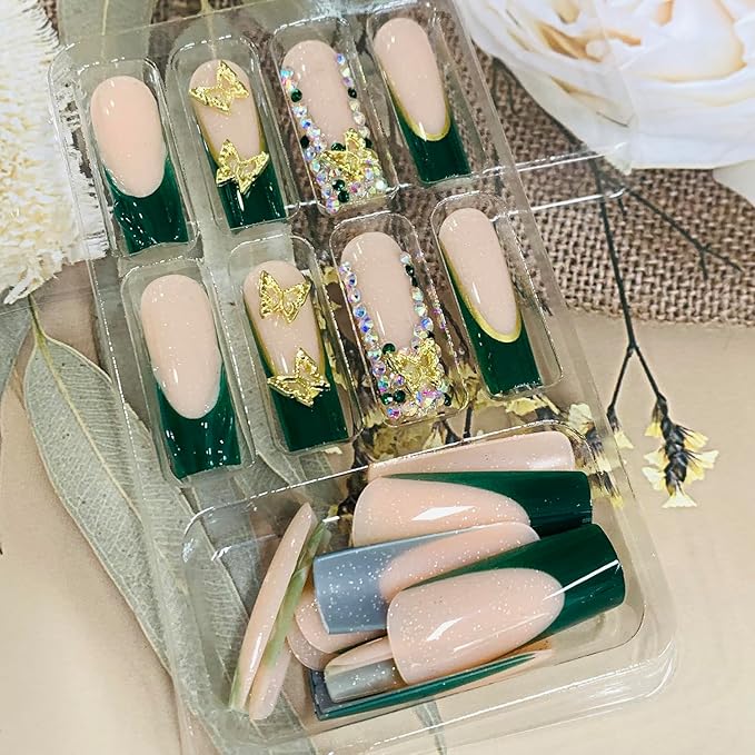 Press on Nails Coffin Long Length Acrylic Glossy Full Cover Square Shaped French False Nails with Designs Artificial Extra Long Fake Nails with Charms Glue ons Fingernails for Women(XXS249)