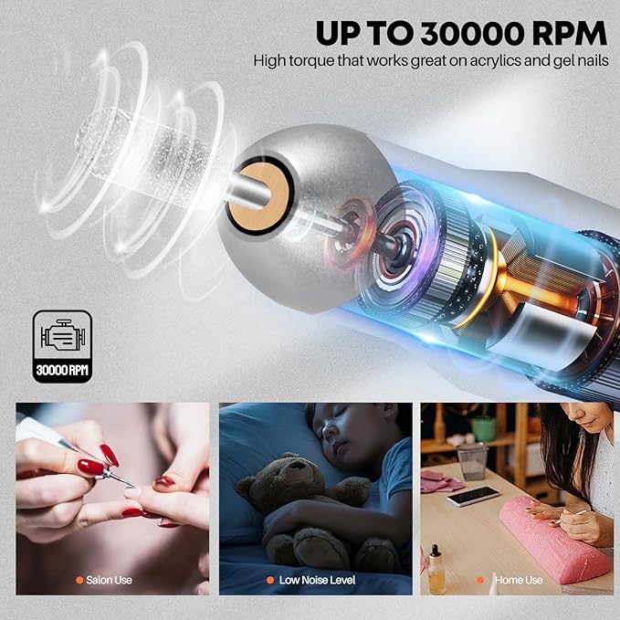 Electric Nail Drill Portable Nail Drill Professional 30000 RPM 13 Salon Quality Drill bits 50 Sanding Bands Portable & Low Noise for Acrylic Nails Gel Polishing Removing Bits Kit for Home Use