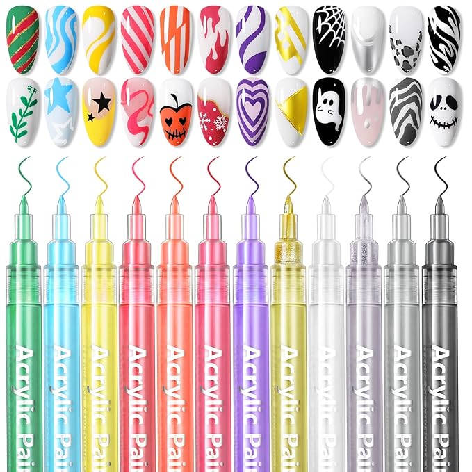 Born Pretty 12 Colors Nail Art Pens Set,3D Nail Point Graffiti Dotting Pen Acrylic Paint Pens Point Liner Pen Drawing Painting Quick Dry Nail Markers for DIY Nails Art Beauty Adorn Manicure Tools