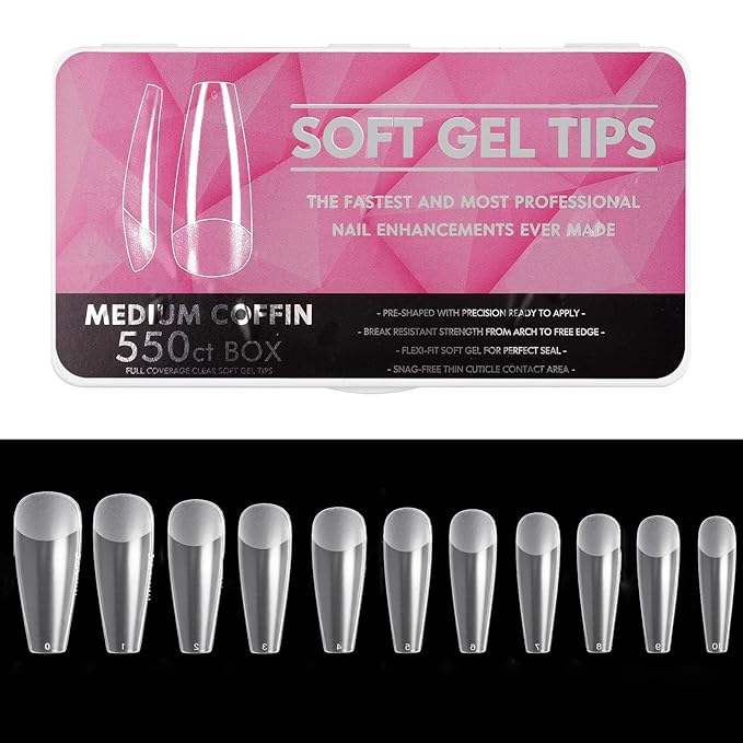 Soft Gel Curved Nail Tips, Full Cover Clear Gelly False Nail, Half Matte Acrylic Fake Nail, Press on Nail Tips Set for Extension, Home DIY Salon Manicure Nail art (Long Ballet 1, 550PCS)