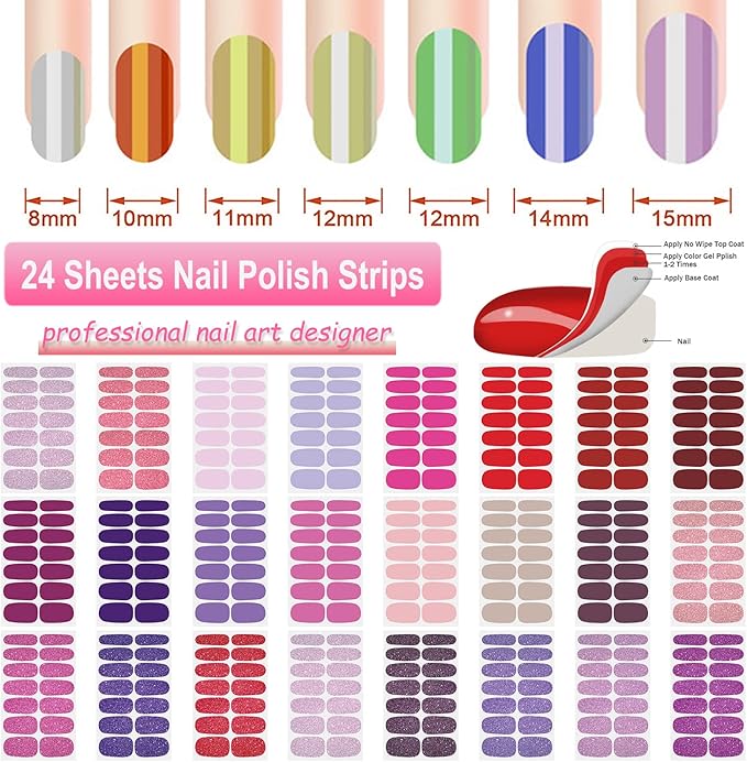 DANNEASY 24 Sheets Full Nail Wraps Nail Polish Stickers for Women Solid Color Nail Polish Strips Gel Nail Strips Self Adhesive Fingernail Stickers Manicure Kit with 1pc File, Cuticle Stick