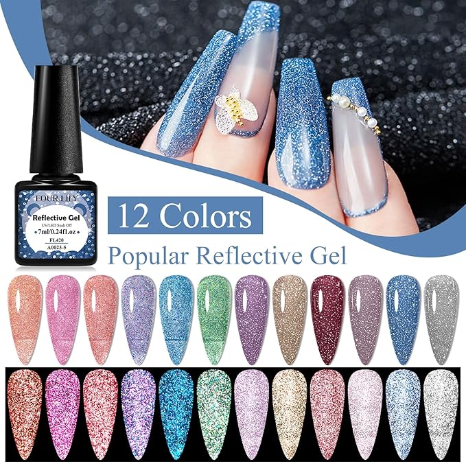 Reflective Glitter Gel Polish Set, 12 Colors Silver Pink Sparkly Glitter Shimmery Gel Polish Shiny Disco Soak Off Gel Nail Polish Nail Art Manicure Salon DIY at Home Gifts for Women Girls