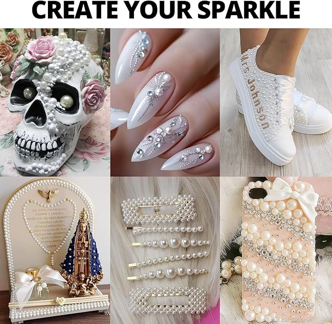 10000Pcs White Flatback Pearls with Glue Kit for Bedazzling Crafts Crafting Shoes Nail Art Decoration, Mixed Sizes 2mm 3mm 4mm 5mm 6mm 8mm 10mm White Half Round Flat Back Pearls Beads Set