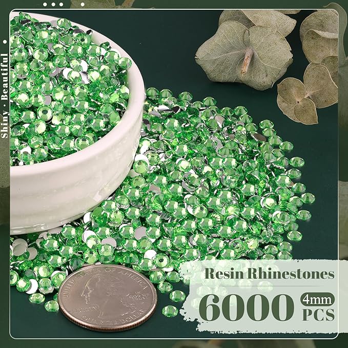 6000PCS 4mm Resin Rhinestones Bulk for Crafting (Light Green), Flatback Bedazzling Crystals for Crafts DIY Nail Decoration, Gems Charms for Tumbler Shoes Clothing Fabric with Pickup Pen and Tweezers