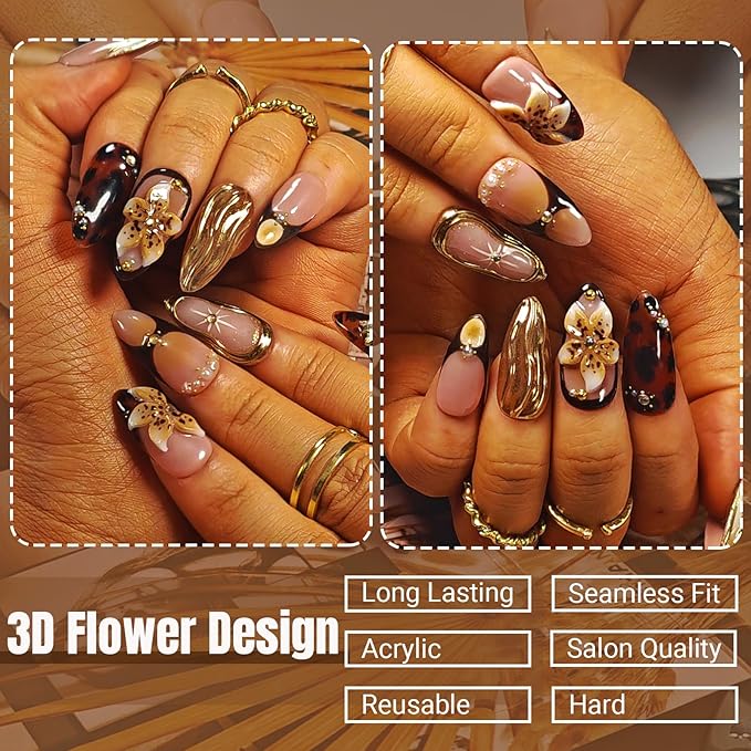 Handmade Acrylic Press On Nails Almond, Brown Press On Nails Medium, Flower 3D Nails French Tip Amber Gold Chrome For Women Gift, Reusable Stick On Fake Nails Kit With Nail Glue(Amber Bloom-M)