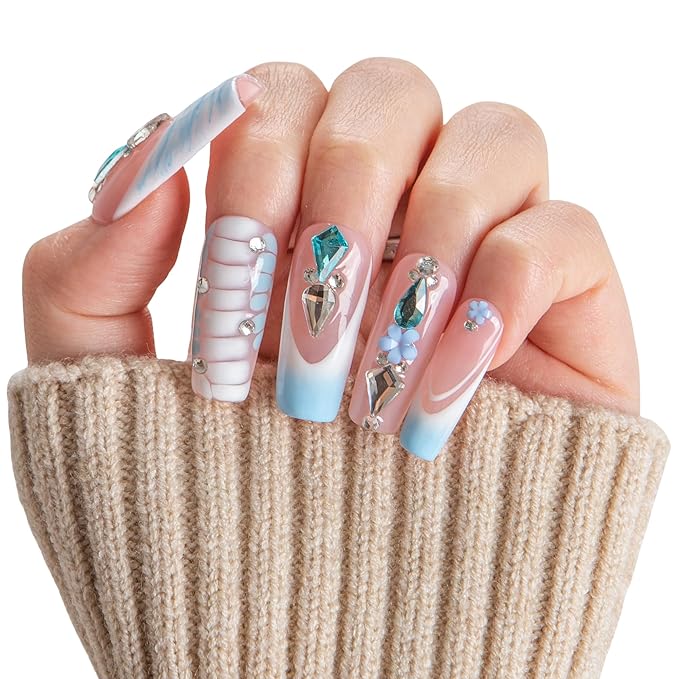 LOVFUL Short French Tip Press on Nails Glacier Jewel | Handmade Acrylic Press ons| Reusable Fake False Nails | Square Classic Regular 1.3in | H738-S