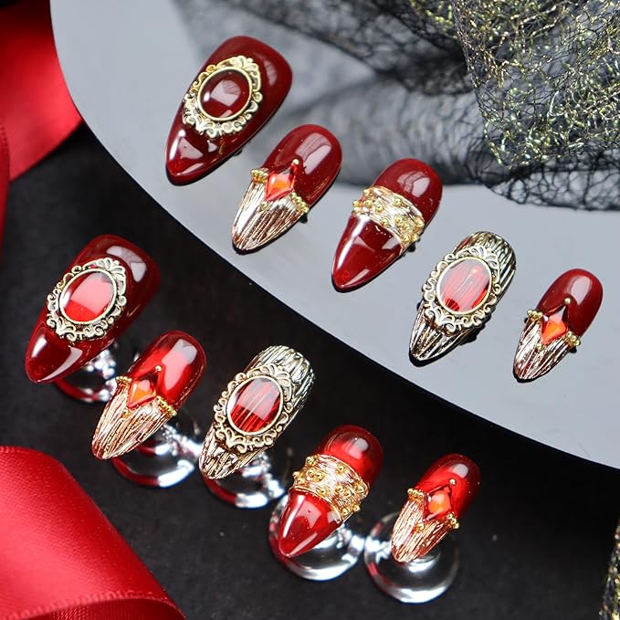 Red Press on Nails Retro Nail Art with Diamond Design Handmade Nails Press ons Gold Fake Nails Medium Almond Glue on Nail Reusable French Tip Stick on Nail for Women Girls Gorgeous Manicure (L)