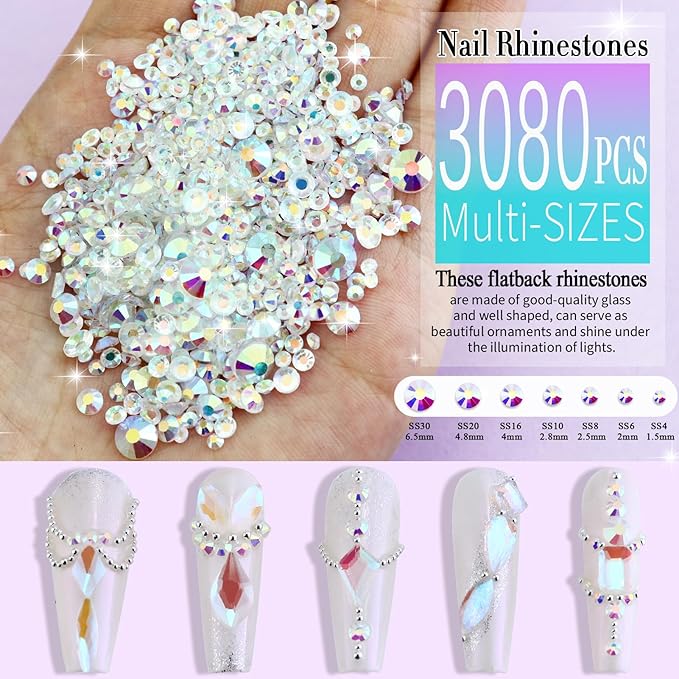 Dowarm 3200PCS Nail Art Rhinestones, Aurora Flatback Rhinestones for Nails, Crafts, 12 Styles 3D Glass Crystal Nail Gems