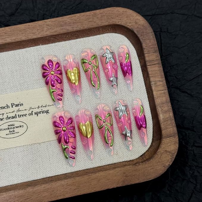 Handmade Press on Nails Long Stiletto Fake Nails French Tip False Nail with 3D Bow Flower Heart Designs Purple Sparkly Artificial Nail for Women 10pcs (Size M）