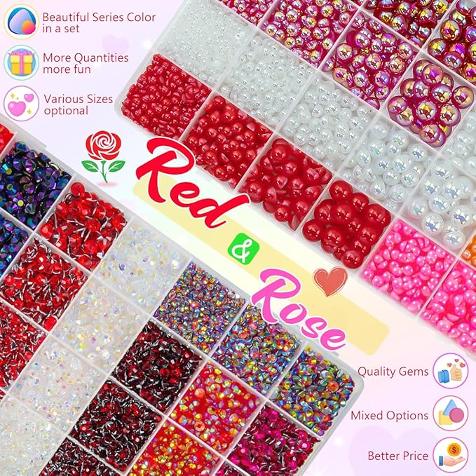 qiiipi 2 Big Boxes Red Resin Pearls and Rhinestones w B7000 Glue for Bedazzling Crafting Flatback Stones Gems Diamonds Half Pearls Bedazzler Kit Charms for Nails Eyes Face Makeup Tumblers DIY Crafts