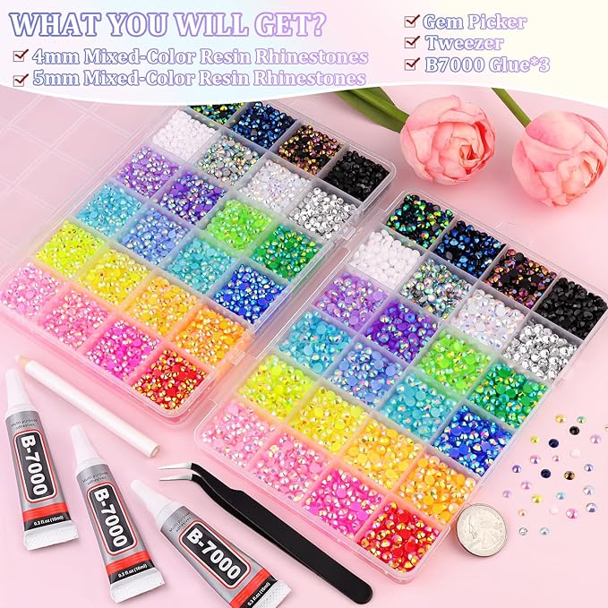 2 Boxes Resin Rhinestones with Tweezers for Crafting, 16000Pcs Mixed-Color 4mm&5mm Bedazzling Crystal with 3Pcs 10ml B7000 Jewelry Glue for DIY Crafts Clothing Tumblers Shoes Fabric Nail Art