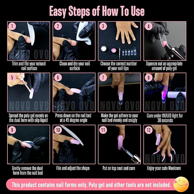 NOVO OVO Helloween Curved Square Nail Dual Forms for Poly Gel Extension with Guiding Line Inside, M L XL Reusable Full Cover Acrylic/Builder/Hard Gel Polygel Molds for Salon DIY x 15 sizes 150 Pcs