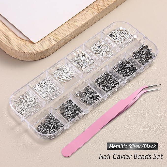 Nail Caviar Beads Set, Mixed Size Silver & Black Metal Alloy Nail Beads for Nail Art, Half-Round Flatback Y2K Nail Decorations Accessories with Tweezers, Professional Manicure Supplies
