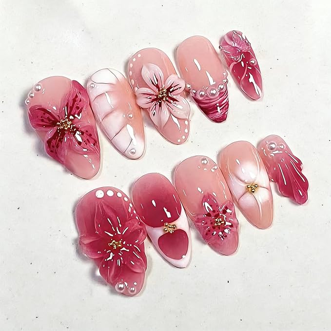 Press on Nails Medium Almond Fake Nails 3D Flowers Artificial Nail with Pearl Charm Stick on Nail for Women 30pcs