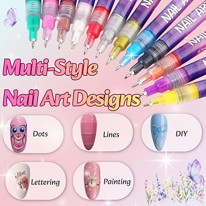 12 Colors 3D Nail Art Pens Set, 0.5mm Fine Tip, Waterproof and Quick-Drying Nail Polish Markers, Nail Painting Kit for DIY Nail Art Design