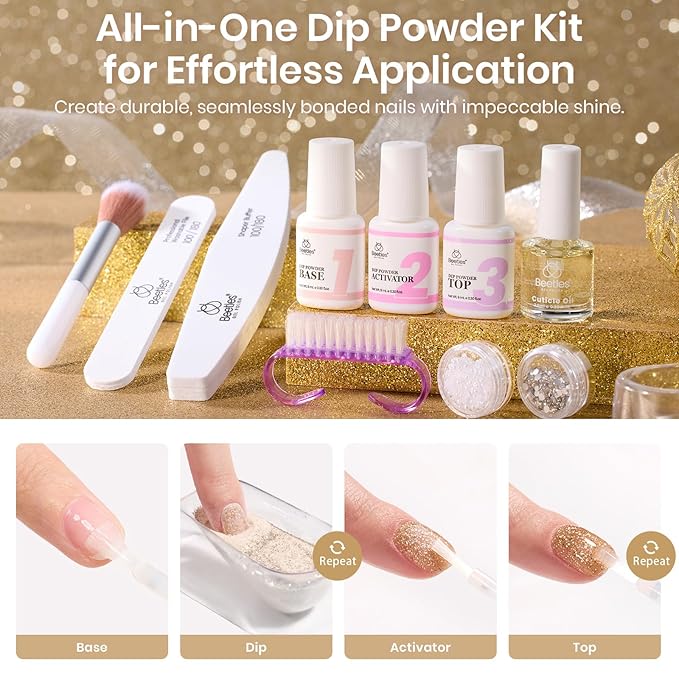 Beetles Dip Powder Nail Kit, 6 Colors Dipping Powder Nude White Pink Grey Yellow Glitter with Base Top Coat Activator and Tools All Season for French Nail Art DIY Home Manicure Salon Luxury Radiance