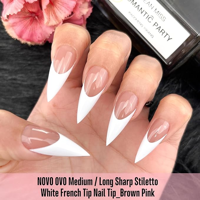 NOVO OVO Medium Long Sharp Stiletto Nail Tips (White French Tip) - Brown Pink Nude Soft Gel Press Ons, Pre-Designed Full Cover Fake Nails for Instant Salon Manicure, 16 Sizes (160 Pcs)