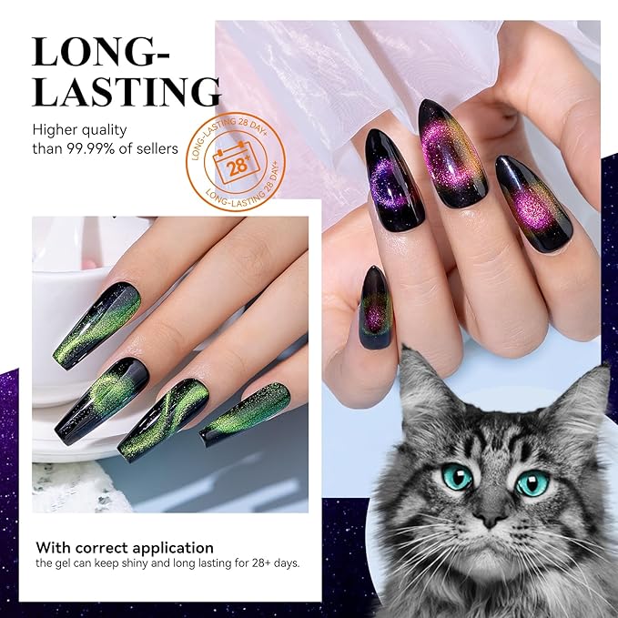 MIZHSE 60ml 9D Cat Eye Gel Nail Polish Set, Glitter Chameleon Magnetic Gel Nail Polish with Black Base Coat 2 Magnet Sticks, Galaxy Effect,Soak Off LED Nail Art Manicure Salon DIY Valentine's Gifts
