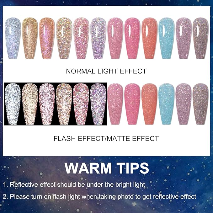 MTSSII 12 Pcs Reflective Glitter Gel Polish, Flash Dimond Pink Brown Nail Polish Winter Colors Sparkly Shiny Nail Art UV LED Curing Need Nail Gel for Manicure DIY and Salon