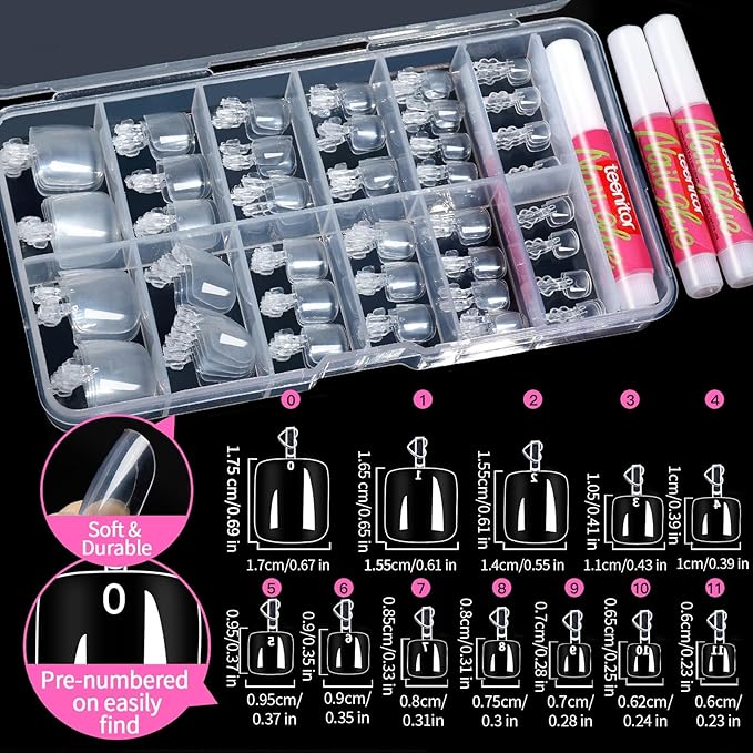 Teenitor Press On Toenail Tips with Glue, Clear False Toenails Kit, Acrylic Toe Tips