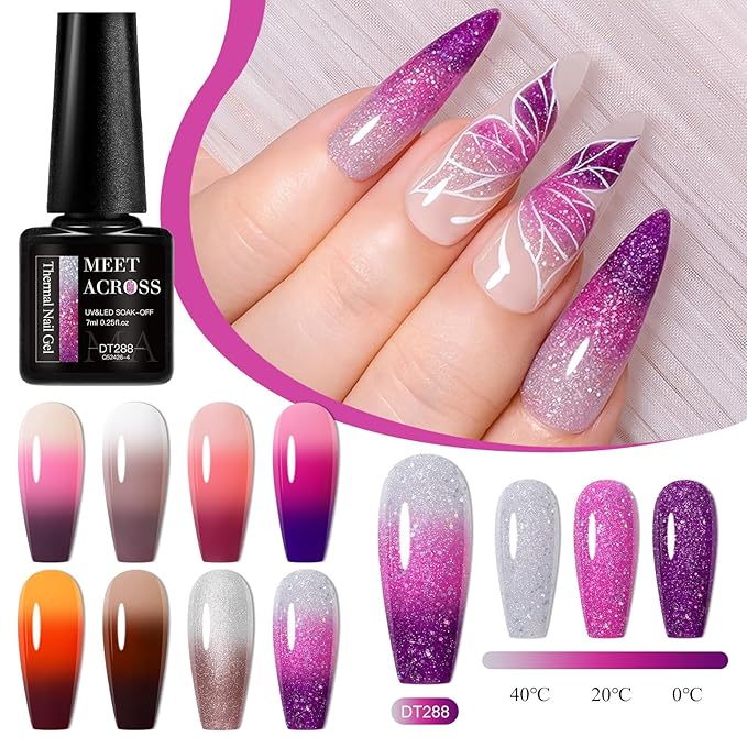 MEET ACROSS Mood Gel Nail Polish Set Temperature Color Changing Gel Colors Collection Red Pink Purple Glitter Brown Gold Gel Polish Soak Off 8 Colors Holiday Gifts Salon DIY at Home