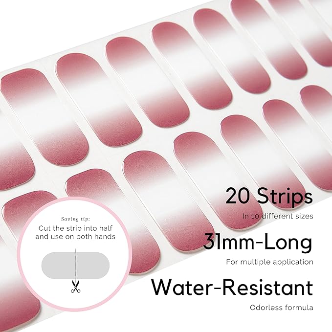 Semi Cured Gel Nail Strips - NAILOG 20 Pcs Gradient Pink Nail Stickers Extra Long Wraps with Glossy Gel Finishing for Spring Summer, Bicerin