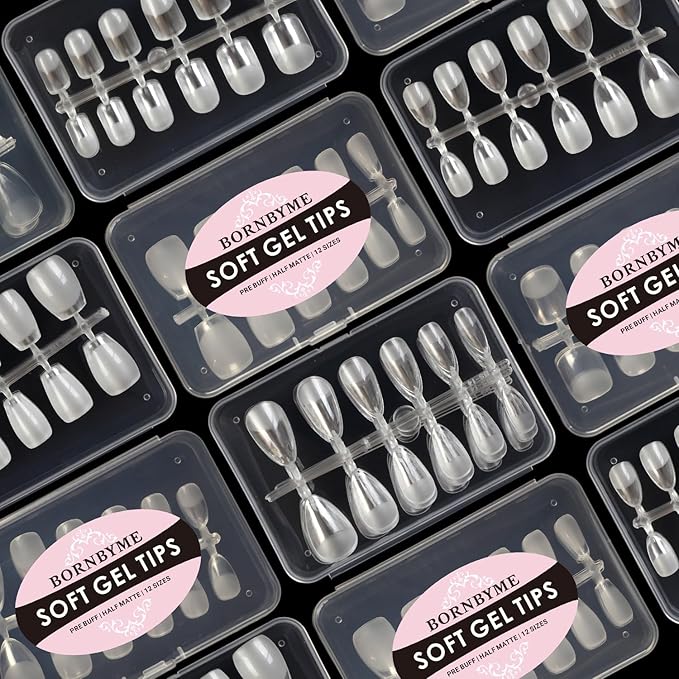 Extra Short Almond Soft Gel Nail Tips,120PCS Pre Buff Full Cover Shaped Nail Extenison Tips Half Matte Gel Nail Tips Acrylic False Nail Tips